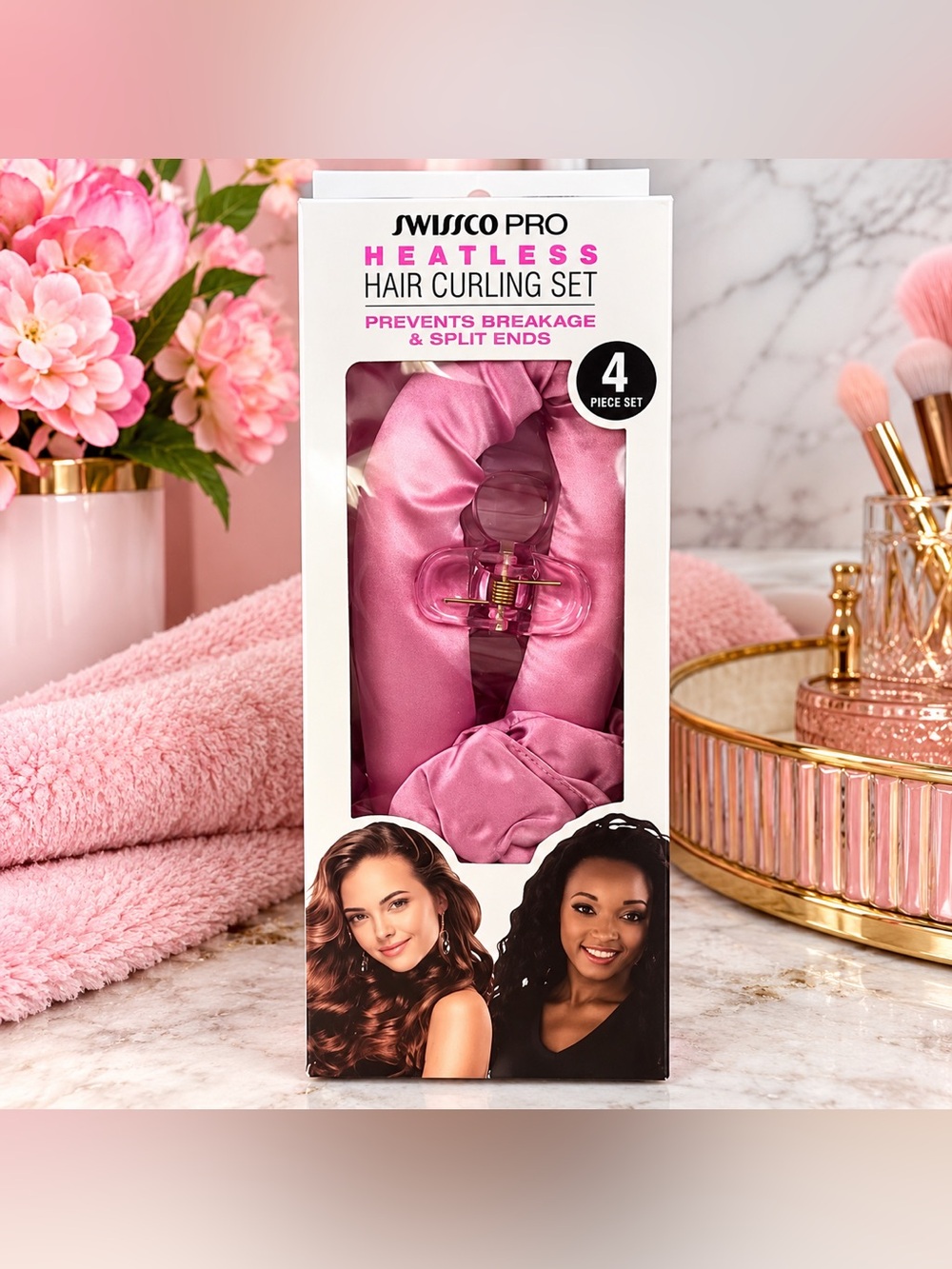 ✨ SWISSCΟ PRO Heatless Hair Curling Set – 4-Piece Satin Curling Kit ✨